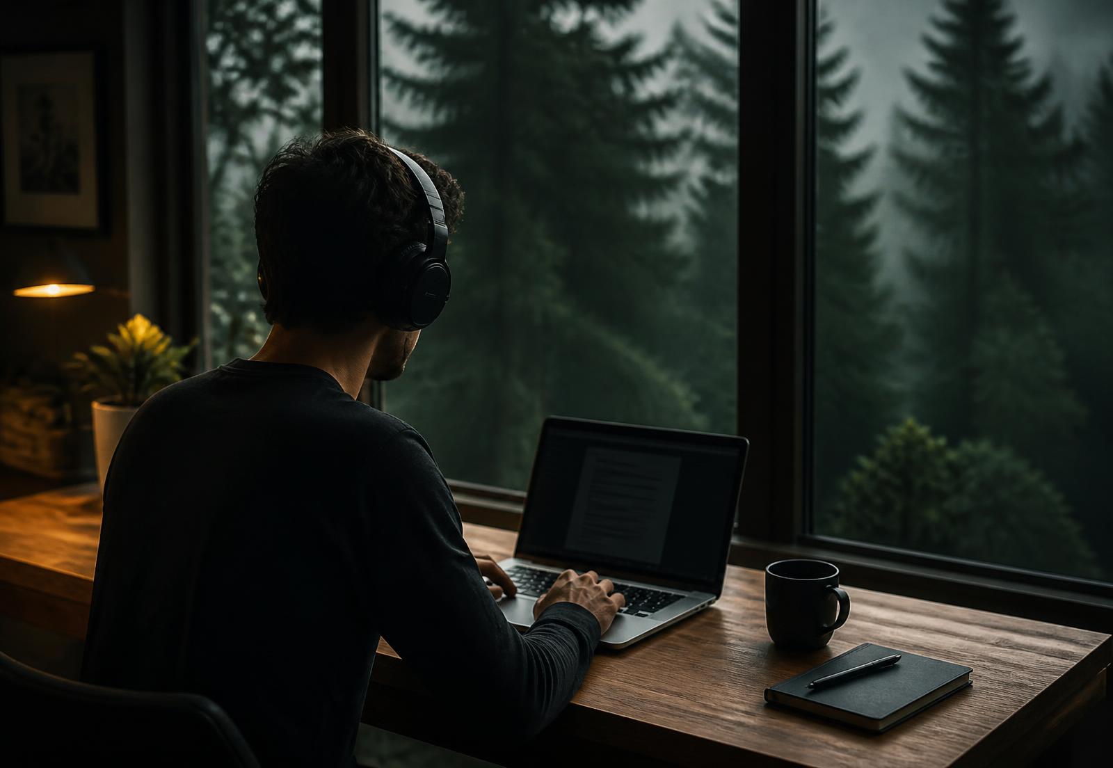 A person wearing headphones working at a laptop beside a window looking out on a misty pine forest